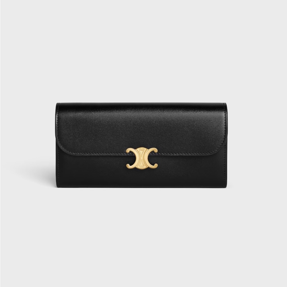 $970 Celine Black Leather Long Triomphe Wallet NEW W BOX